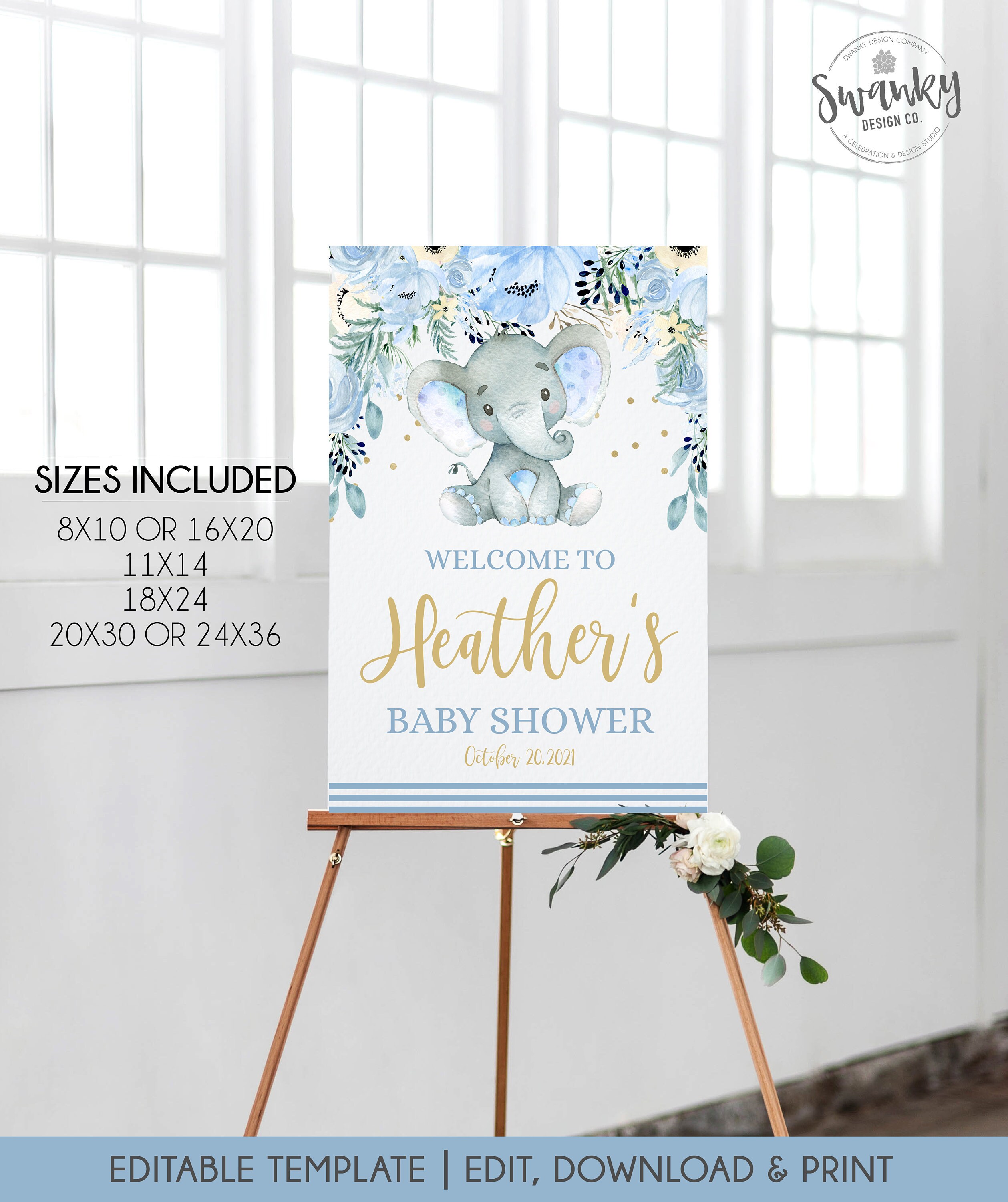 Blue Elephant Baby Shower Welcome Sign, Editable Personalized Boy Sho…
