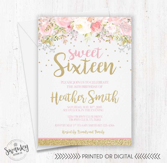 Sweet Sixteen Birthday Invitations, Blush Pink and Gold Sixteenth Birthday, 16th Birthday, Floral Sixteen Birthday, Sweet 16, Girl Party Il_570xn