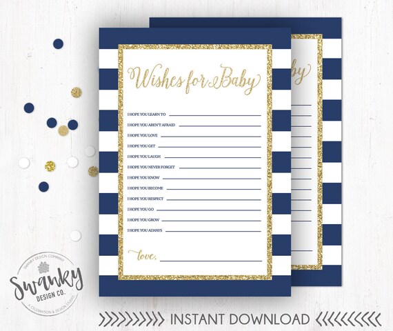 Navy and Gold Wishes for Baby, Wishes for Baby Card, Baby Shower Printable, Boy Baby Shower Printable, Wishes for Baby Boy, Instant Download Il_570xn