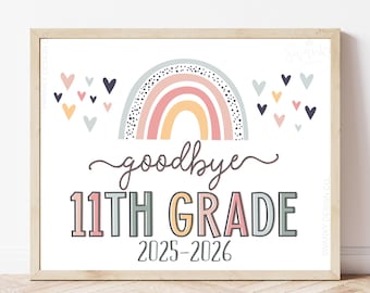 Cartello "Ultimo giorno di 11° grado" per ragazze, cartello scolastico stampabile in stile boho arcobaleno, accessorio per foto di fine anno, cartello "Addio 11° grado" HBR21