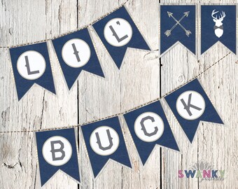 Rustic Baby Shower-Lil' Buck Banner, Deer Baby Shower Decorations, Navy and Tan Printable