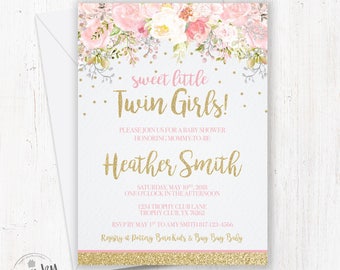 Twins Baby Shower Invitations Twin Girl Baby Shower Floral Twin Invitations Pink and Gold Twins Baby Shower Invite Gold Confetti It's Twins