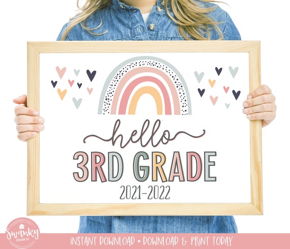 Boho Rainbow Hello Third Grade Sign, First Day of Third Grade Girl Sign, Printable School Sign Girl First Day Sign, Instant Download HBR21 Il_570xn