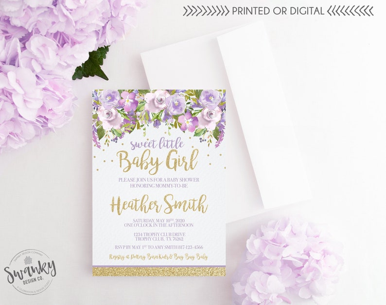 Purple Baby Girl Shower Invitation Purple Gold Glitter Etsy Purple Baby Girl Shower Invitation Purple Gold Glitter Etsy
