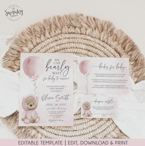 Pink Teddy Bear Baby Shower Invitation, Girl Baby Shower Invitation Set, Books for Baby, Diaper Raffle Editable Instant Download BBB01 Il_570xn