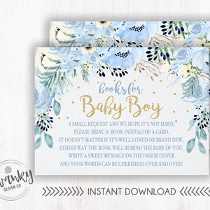 Livres bleus et or pour bébé, insert de livre floral, paillettes d'or et fleurs bleues, apportez un insert de livre, demande de livre, douche de bébé garçon