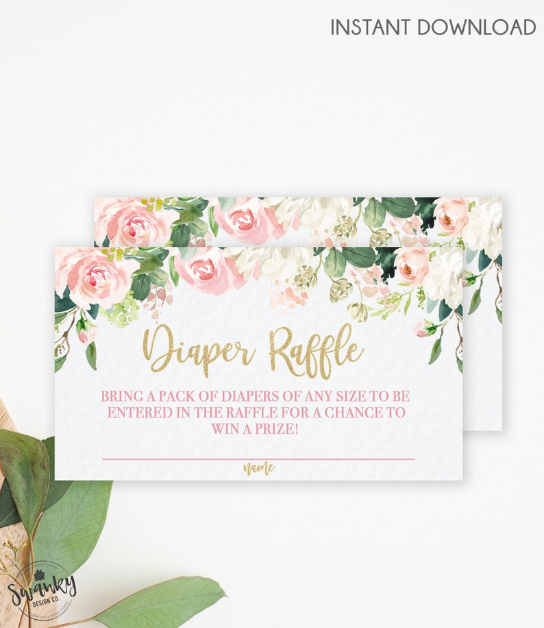 Pink Floral Diaper Raffle Ticket, Foral Diaper Raffle Insert, Pink Flowers, Boho Diaper Raffle Ticket, Printable, Instant Download image 1