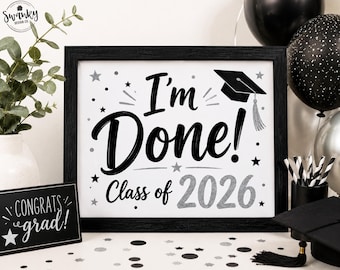 Cartello di laurea argentato stampabile, decorazione moderna per la festa di laurea della classe del 2026