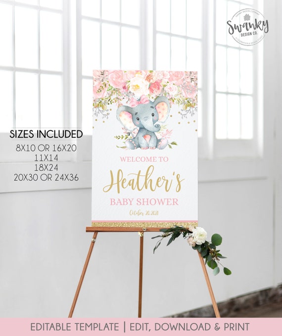 Editable Elephant Baby Shower Welcome Sign, Personalized Shower Welcome Sign, Customized Baby Shower Sign, Pink and Gold Welcome Sign Il_570xn