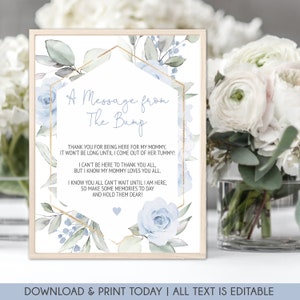 Mensaje del letrero Bump, letrero de baby shower imprimible, floral azul bebé, decoración de baby shower azul polvoriento, letrero de baby shower para niño, BBF01 editable
