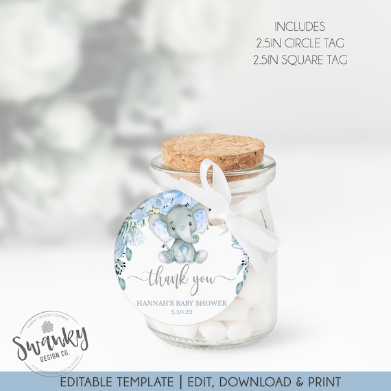 Elephant Blue Floral Thank You Tags, Editable Thank you Tags for Baby Shower, Boy Baby Shower Favor Tags, Printable File, Instand Download Il_570xn