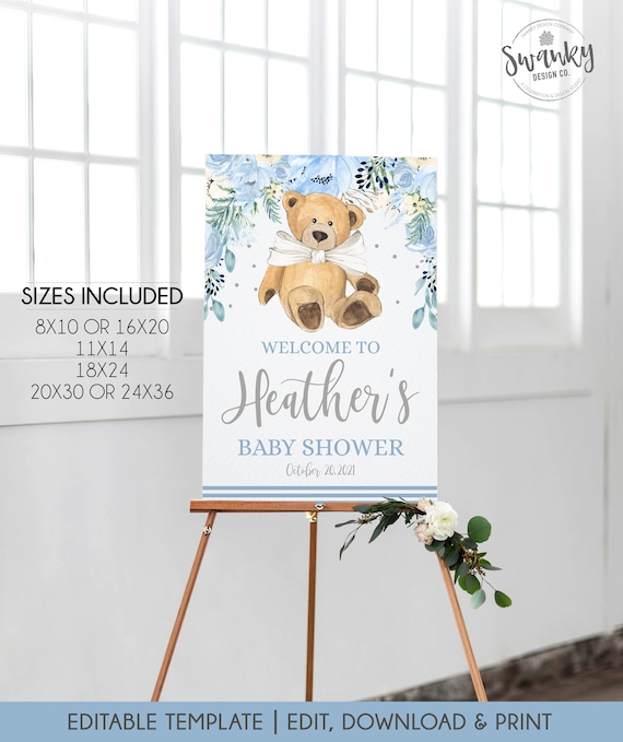 Editable Teddy Bear Baby Shower Welcome Sign, Personalized Girl Shower Sign, Boy Shower Welcome Poster, Blue Gray Shower, Printable File Il_570xn