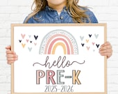 Boho Rainbow Hello Pre-K Sign, First Day of Prekindergarten, Printable First Day of School Sign, Girl First Day Sign, Instant Download HBR21