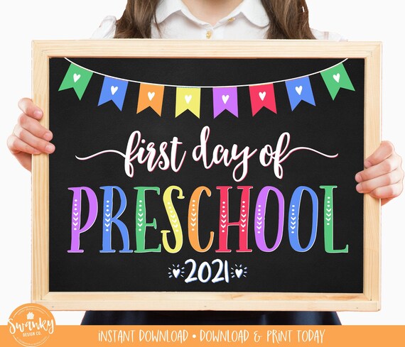 First Day of Preschool Sign Printable Rainbow Chalkboard First Day School 1st Day of Preschool Sign Instant Download RFH02 Il_570xn