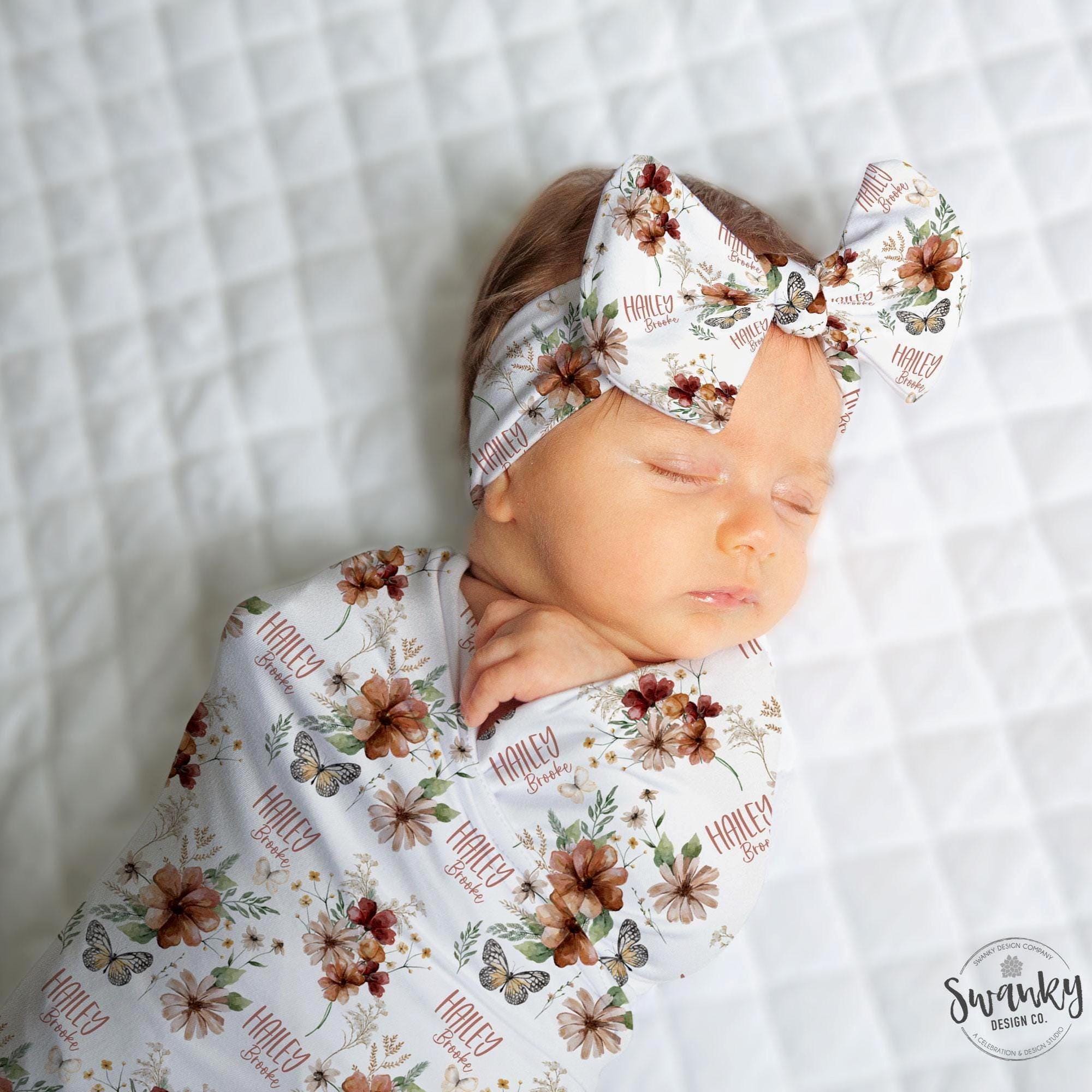 Wildflower Floral Personalized Baby Girl Name Blanket, Coming home Baby Girl, Personalized Baby Girl Swaddle and Headband Set