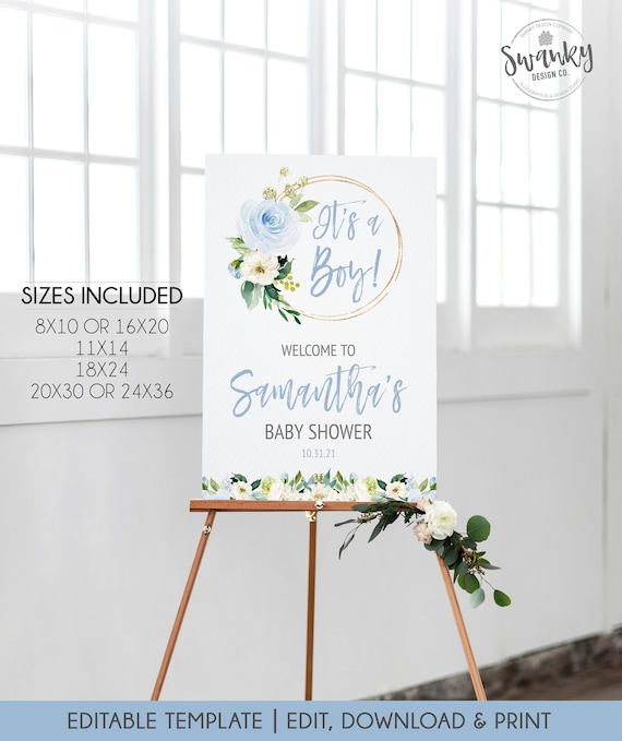 Editable Blue Floral Baby Shower Welcome Sign, Template Welcome Sign, Boy Baby Shower Sign, Bay Blue Welcome Sign, Printable File Il_570xn