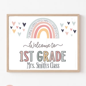 Custom Teacher Classroom Sign Printable, Boho Classroom Decor, Classroom Posters for First Day of School, Boho Rainbow Printable image 1