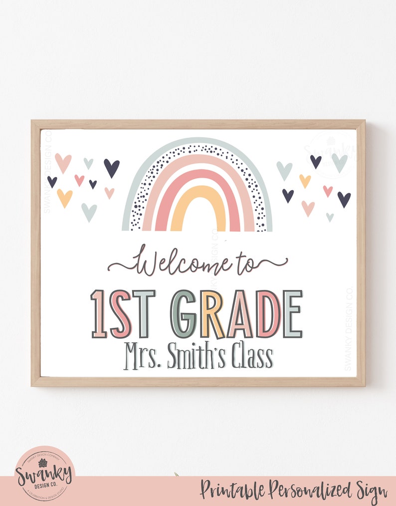 Custom Teacher Classroom Sign Printable, Boho Classroom Decor, Classroom Posters for First Day of School, Boho Rainbow Printable image 1