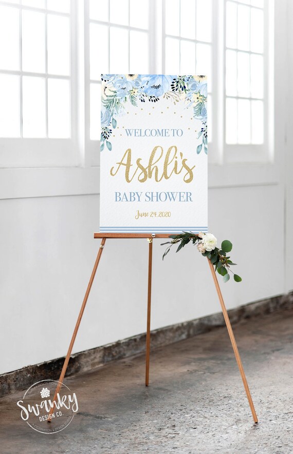 Blue Floral Baby Shower Welcome Sign, Personalized Welcome Sign, Customized Baby Shower Sign, Blue and Gold Welcome Sign, Printable File Il_570xn