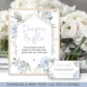 Dusty Blue Floral Baby Shower Diaper Raffle Sign and Raffle Tickets, Editable Sign Tickets, Boy Baby Shower, Baby Blue Floral Shower BBF01