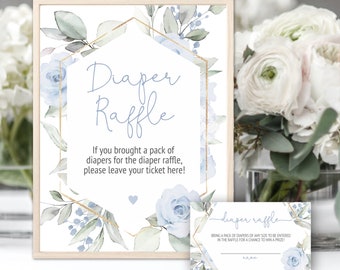 Dusty Blue Floral Baby Shower Diaper Raffle Sign and Raffle Tickets, Editable Sign Tickets, Boy Baby Shower, Baby Blue Floral Shower BBF01