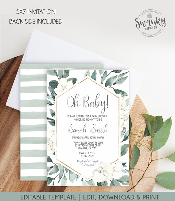 Editable Oh Baby Greenery Baby Shower Invitation Template, White and Green Shower, Eucalyptus Shower, Gender Neutral Shower, Printable NG1 Il_570xn