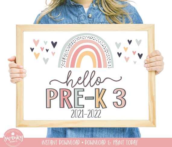 Boho Rainbow Hello Pre-K 3 Sign, First Day of Pre-K 3, Printable First Day of School Sign, Girl First Day Sign, Instant Download HBR21 Il_570xn