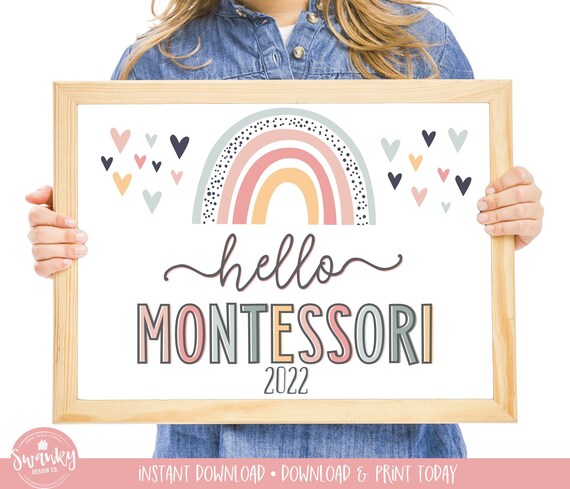 Boho Rainbow Hello Montessori School Sign. First Day of Montessori Sign ...