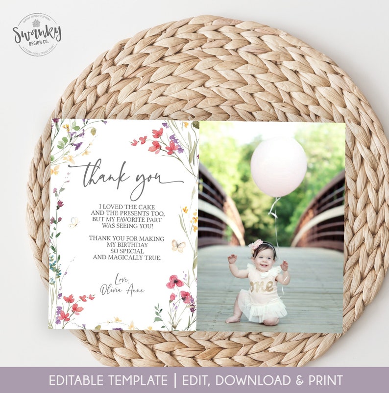 Wildflower Birthday Thank You Card Template, Thank You Card with picture, Wildflower Thank You Card Printable, Edit with Corjl, BWF32 image 1