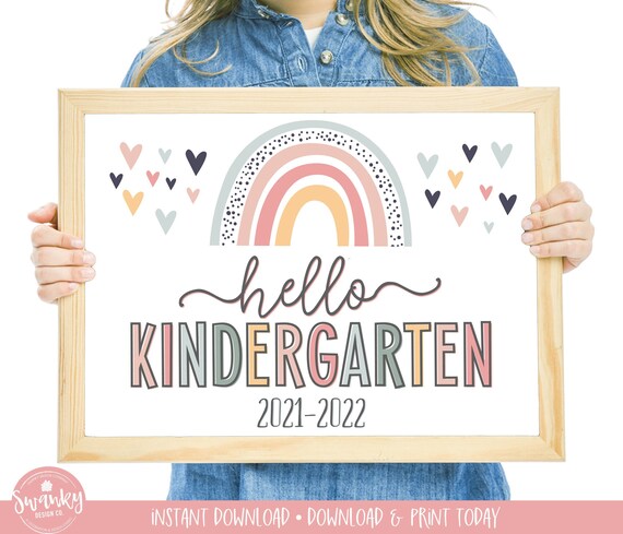 Boho Rainbow Hello Kindergarten Sign, First Day of Kindergarten Girl Sign, Printable School Sign Girl First Day Sign, Instant Download HBR21 Il_570xn