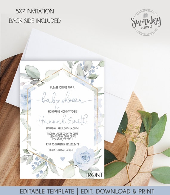 Baby Shower Invitation Boy Editable Template, Dusty Blue Floral Invitation, Boy Baby Shower, Baby Blue Geometric Baby Shower Invite BBF01 Il_570xn