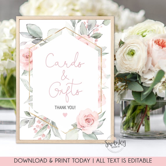 Printable Pink Floral Cards & Gifts Sign, Blush Pink Floral Baby Shower Decor, Baby Girl Shower Table Signs, Gift Table Sign for Shower Il_570xn