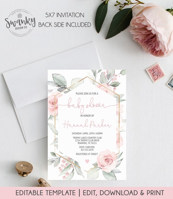 Baby Shower Invitation Girl Editable Template, Blush Pink Floral Invitation, Girl Baby Shower Invitation, Geometric Baby Shower Invite Il_570xn