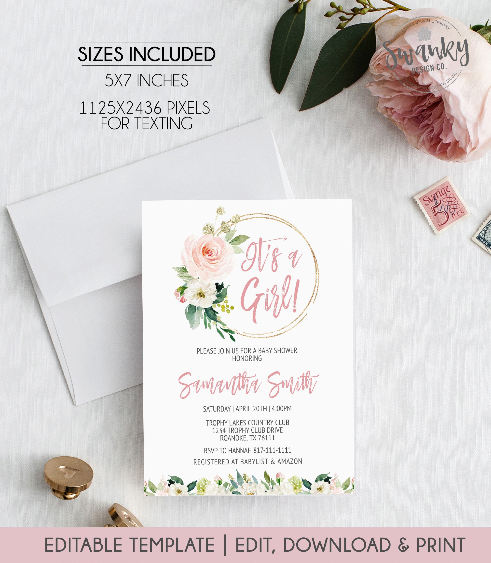 Baby Shower Invitation for Girl, Floral Blush Pink Invitation, Floral…