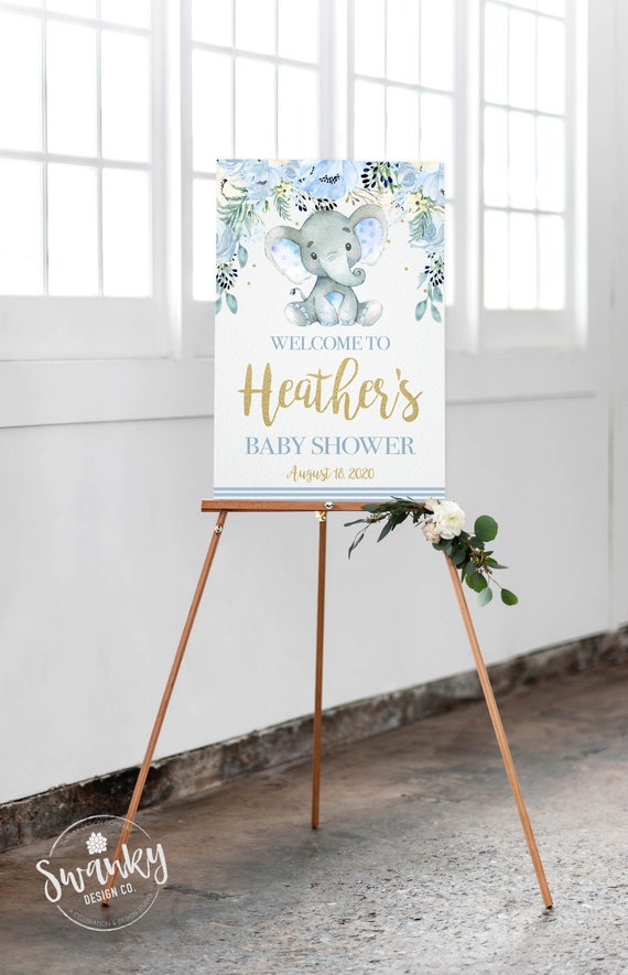 Blue Elephant Baby Shower Welcome Sign, Personalized Boy Shower Sign, Customized Shower Sign, Blue and Gold Welcome Sign, Printable File Il_570xn
