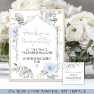 Hoe groot is mama's buik spel, Boy Floral Baby Shower Decor, Boy Baby shower Game, Baby Blue Flower Signs Instant Download bewerkbare BBF01