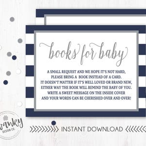 Marine en grijze boeken voor baby, breng een boek in plaats van een kaart, boekaanvraaginzet, marineblauwe en grijze babyshower, een klein verzoek om boeken
