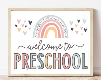 Welcome to Preschool Sign Printable, Boho Preschool Classroom Decor, Classroom Posters for First Day of School, Boho Rainbow Printable