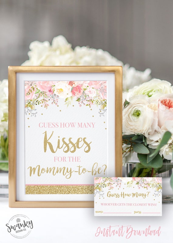 Guess How Many Kisses Sign And Cards, Printable Baby Shower Game, Blush Pink Floral, Girl Baby Shower Game, INSTANT DOWNLOAD Il_570xn