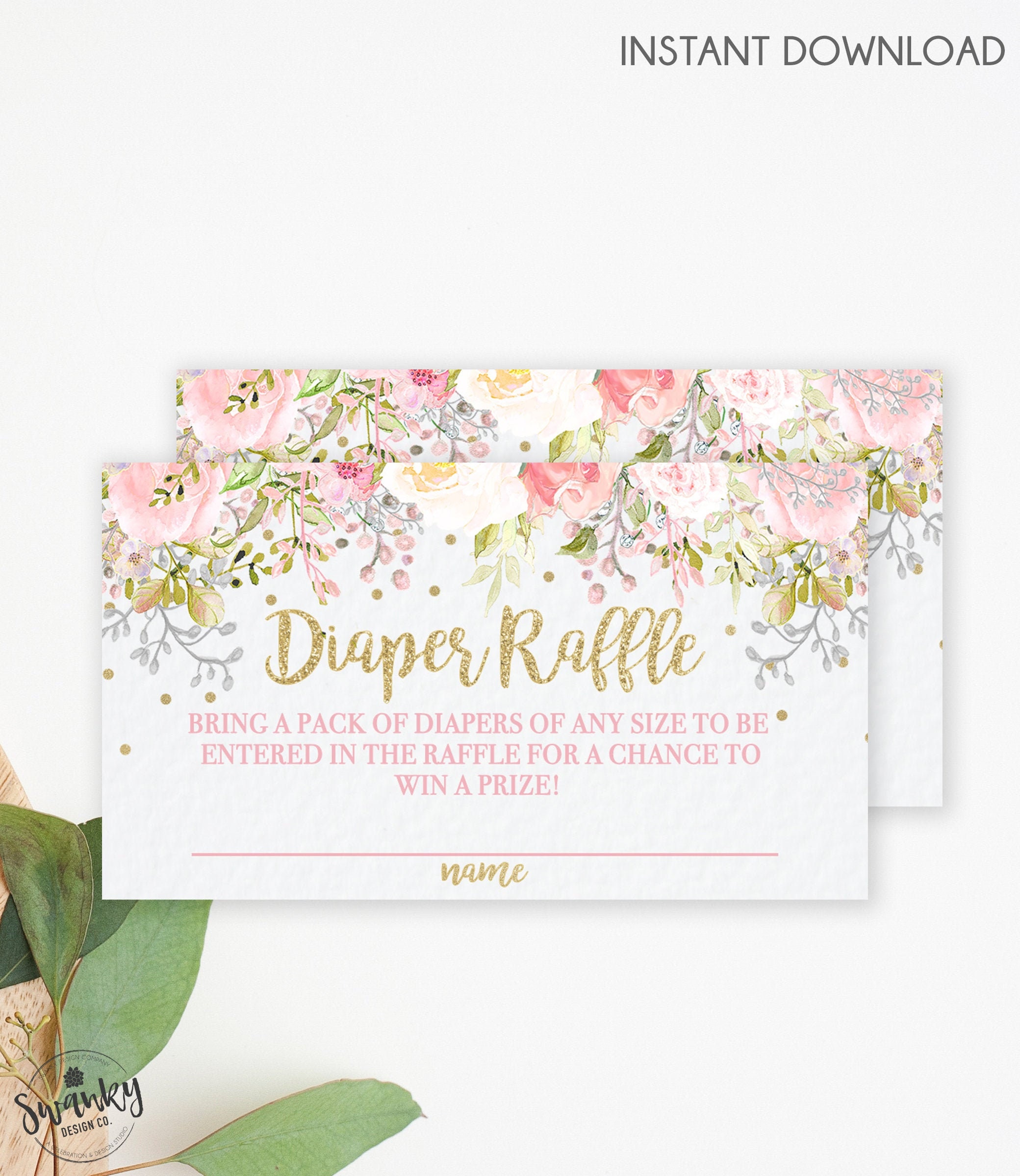Blush Pink Diaper Raffle Ticket, Foral Diaper Raffle Insert, Pink and…