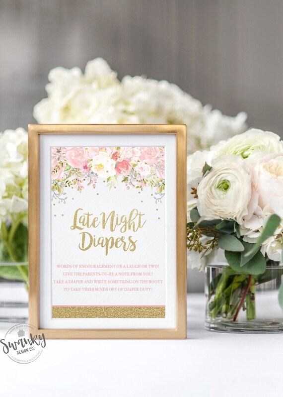 Late Night Diapers Girl, Diaper Game Sign, Diaper Message, Girl Floral Baby Shower Decor, Pink and Gold, Diaper Duty, Instant Download Il_570xn
