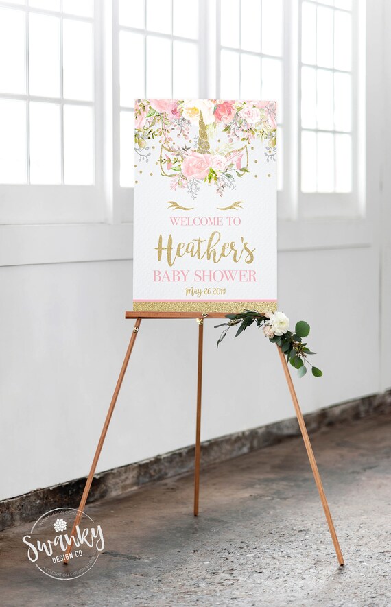 Unicorn Baby Shower Welcome Sign, Personalized Shower Welcome Sign, Customized Baby Shower Sign, Pink and Gold Welcome Sign, Printable File Il_570xn