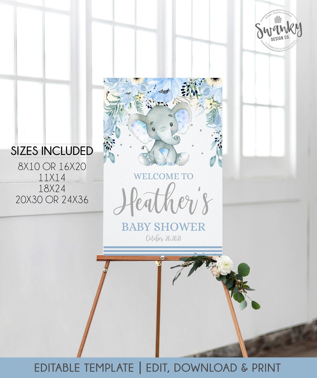 Editable Elephant Baby Shower Sign, Personalized Boy Shower