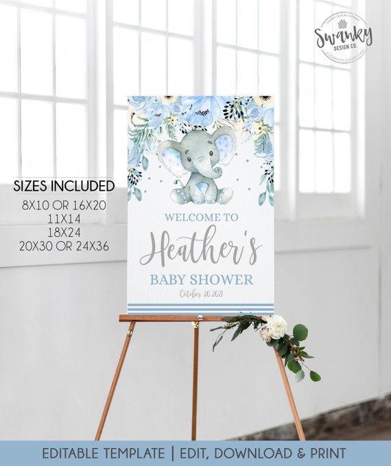 Editable Elephant Baby Shower Welcome Sign, Personalized Boy Shower Sign, Blue and Gray Welcome Poster, Boy Shower, Printable File Il_570xn