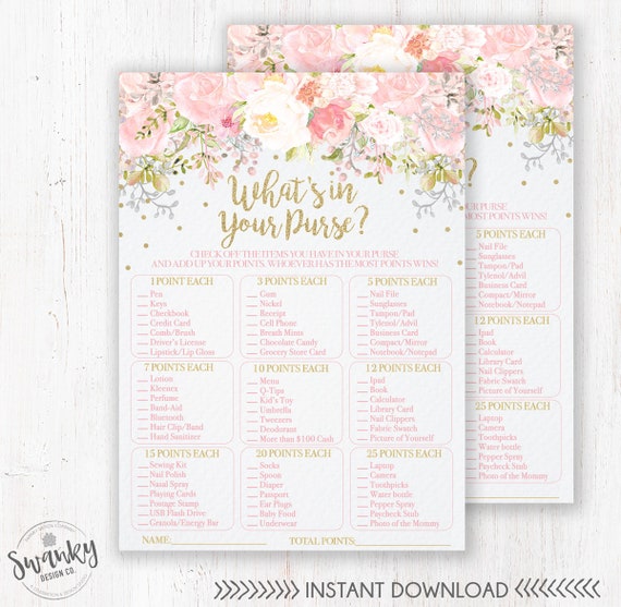 What's In Your Purse Baby Shower Game, Pink and Gold, Girl Baby Shower Game, Baby Shower Printable, Game for Baby Shower, Instant Download Il_570xn