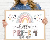 Boho Rainbow Hello Pre-K 4 Sign, First Day of Pre-K 4, Girl First Day Sign, Printable First Day of School Sign, Instant Download HBR21