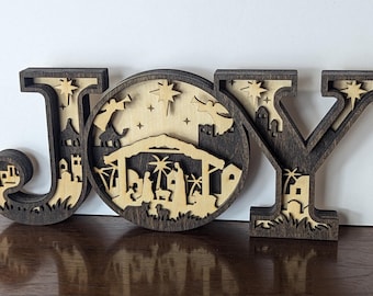 Wooden "JOY" Nativity Scene Décor – Rustic Christmas Decoration with Bethlehem and Manger Design for Holiday Home or Gift