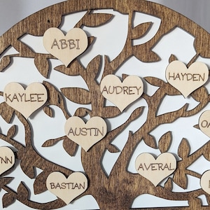 Könnte beinhalten: Ein hölzerner Familienstammbaum mit einem dunkelbraunen Rahmen und weißem Hintergrund. Das Baumdesign zeigt herzförmige Blätter mit Namen wie 'Abbi' und 'Hayden'. Das Wort 'Grandkids' wird am Fuß angezeigt. Inklusive Holzständer.