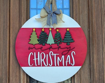 Accroche-porte joyeux Noël rustique - Plaque ronde en bois avec arbres, noeud à carreaux Buffalo et décoration festive