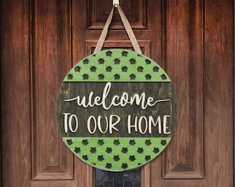 Accroche-porte de bienvenue en bois | Plaque pour porte d'entrée | Décoration personnalisée pour jeunes mariés et cadeau de fiançailles | Décoration d'entrée de maison rustique | Notre maison